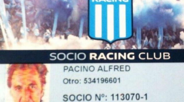 El carnet que hace a Al Pacino como socio de Racing Club