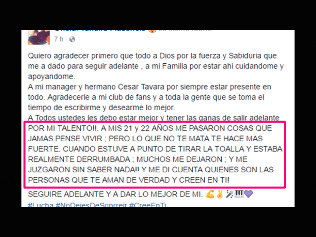 En mensaje de Facebook lo criticó por dejarla cuando más lo necesitaba