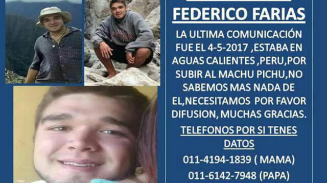 Familia busca a turista argentino Federico Farías en Lima