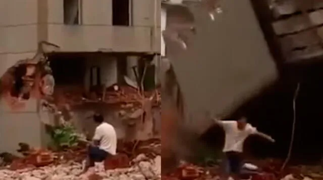 El video viralizado en Facebook muestra las sorprendentes imágenes cuando el hombre escapa a tiempo antes de caer el edificio