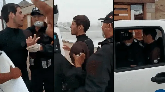 Momento que la Policía detiene al surfista de Punta Hermosa. Fue trasladado a la comisaría.