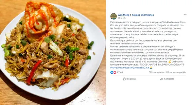 Chifa Restaurante Chun Koc SAC ofrecerá 120 raciones por día