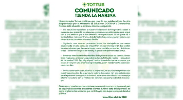 Colaborador de Tottus La Marina dio positivo a coronavirus.