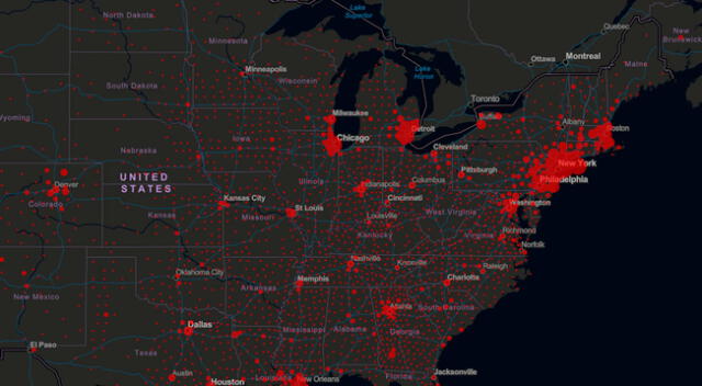 Mapa de Estados Unidos, que presenta más de 369 mil contagiados de coronavirus.