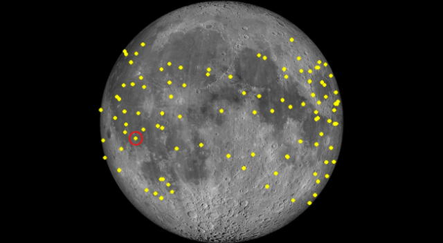 En la imagen se puede ver los 102 flashes validados observados por NELIOTA (en amarillo. El flash en el círculo rojo detectado por EAU.