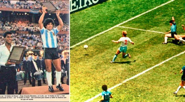 Izq. Maradona y Uribe cuando fueron premiados en 1981. Der. El gol de la vida, el segundo a Inglaterra en México 86.