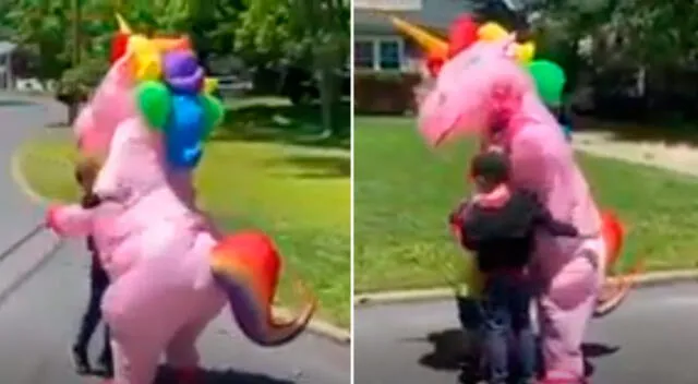 Esta abuelita se hizo viral tras disfrazarse de unicornio para abrazar a sus nietos, a quienes no veia desde marzo.