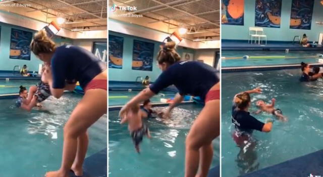 Mujer causa indignación al tirar a su hijo a la piscina para enseñarle a nadar.