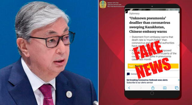 El presidente de Kazajistán, Kassym-Jomart Tokáyev. Der.: Noticia de medios chinos calificado como falso por el Ministerio de Sanidad de Kazajistán.