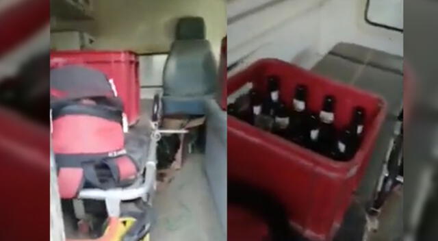 Encuentran ambulancia con tres cajas de cerveza en su interior.