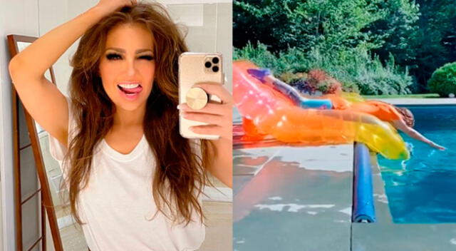 La cantante Thalía quería demostrarle su habilidad para ingresar a la piscina, pero un mal movimiento le jugó una mala pasada.