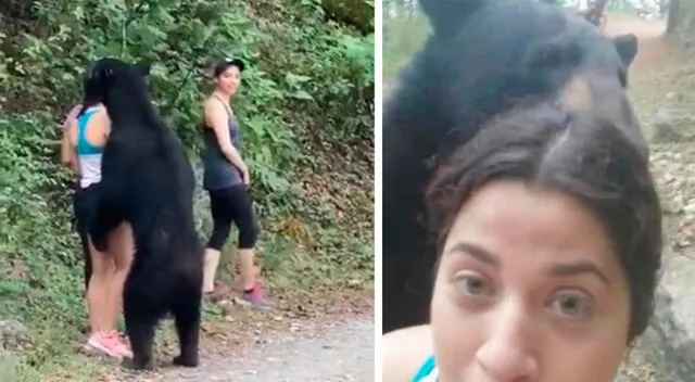Imágenes del selfie de la mujer y el oso negro.