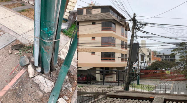 Vecinos de Surco reportan poste a punto de caerse tras choque de un vehículo