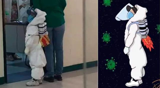 El pequeño Víctor con el traje de astronauta y a la derecha una caricatura que le hizo un medio internacional.