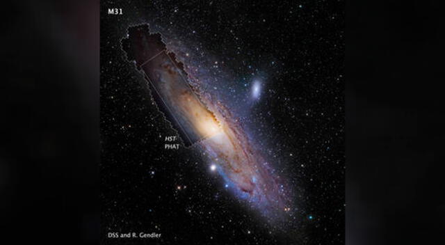La imagen del mosaico M31 del Hubble, tomada por el programa Panchromatic Hubble Andromeda, se muestra en contexto con una imagen terrestre de toda la galaxia.