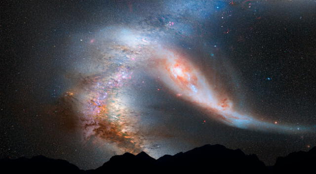 Esta foto muestra una vista del cielo nocturno justo antes de la fusión prevista entre nuestra galaxia, la Vía Láctea y la vecina galaxia de Andrómeda. Aproximadamente a 3,75 mil millones de años a partir de ahora.