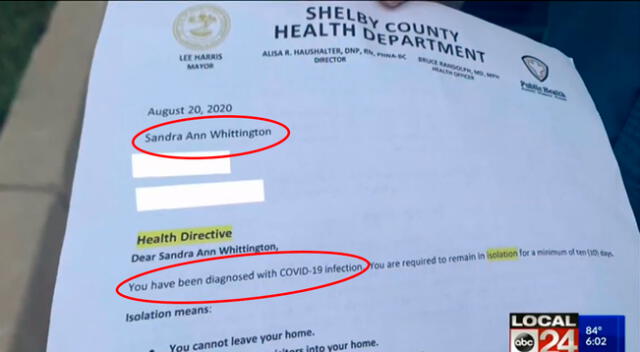 Carta del Departamento de Salud del Condado de Shelby, en Estados Unidos.