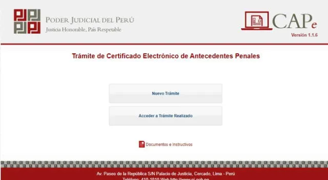 Esta es la plataforma virtual del Poder Judicial para generar el trámite del certificado e antecedentes penales de Perú.