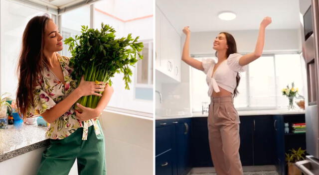 Natalie Vértiz feliz por la remodelación de su cocina.