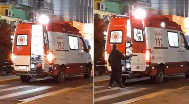 Perrita se trepa al parachoques de la ambulancia que llevaba a su dueño.