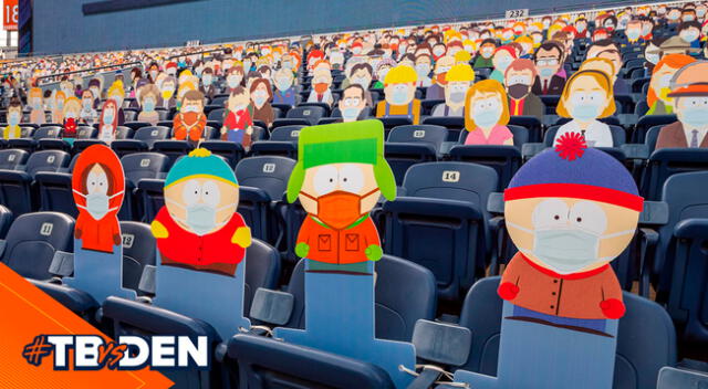 Personajes de la serie animada South Park en la tribuna.