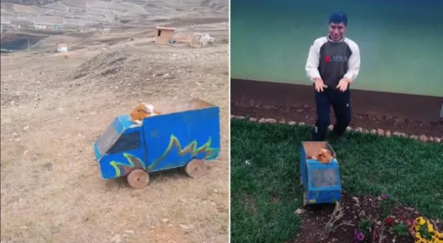 El joven utilizó un poco de madera para crear el carro de su cuy.