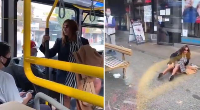 La mujer escupió en la cara de un pasajero y él la empujó del bus.