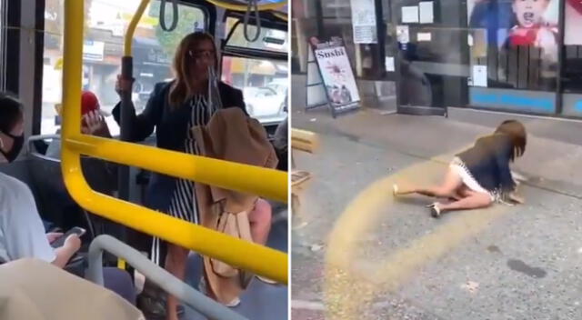 La mujer escupió en la cara de un pasajero y él la empujó del bus.