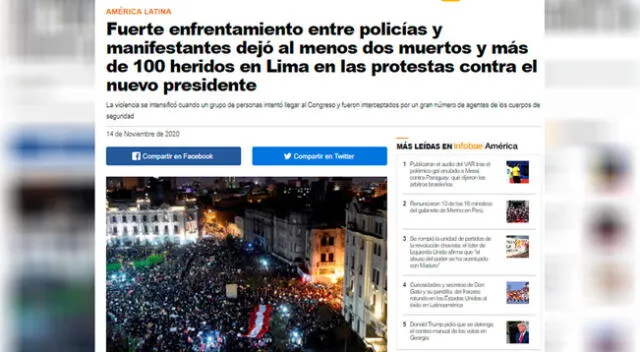 Muerte de jóvenes en manifestaciones en Perú es noticia en medios internacionales