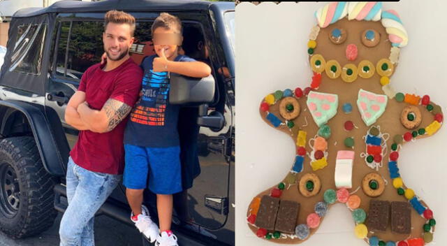 Nicola Porcella se divierte con su hijo decorando una galleta de jengibre.