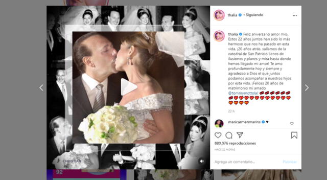 Thalía celebra 20 años de feliz matrimonio junto a Tommy Mottola y dedica tierno mensaje
