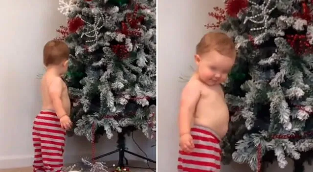 El bebé trató de agarrar el árbol de Navidad, pero su mamá lo sorprendió.