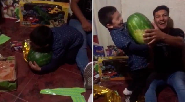 El niño emocionó a miles con su reacción al recibir una sandía de regalo.