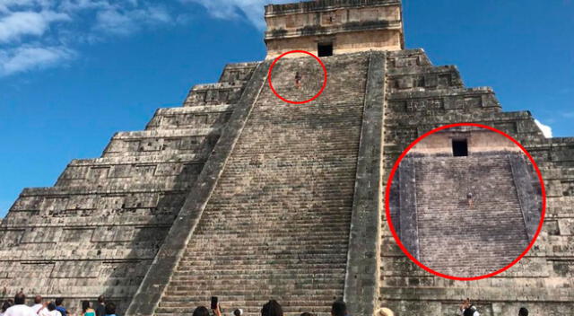 La mujer subió los 91 escalones de la pirámide Chichén Itzá.