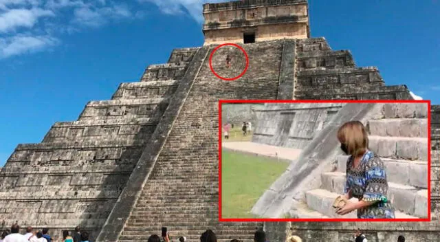 La mujer subió los 91 escalones de la pirámide Chichén Itzá.