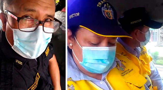 Policía e inspectores de transporte  viajando en una combi sin protector facial.