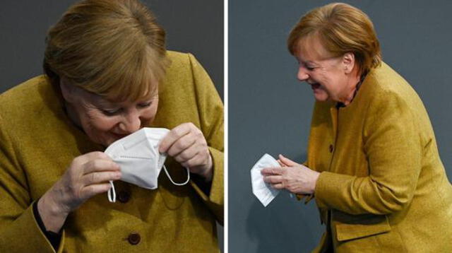 Angela Merkel reaccionó de una forma divertida al ver que había olvidado colocarse nuevamente la mascarilla. (Foto: Tobia Schwarz | AFP)