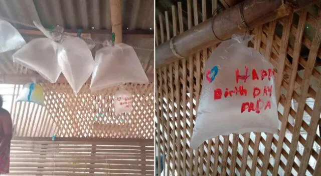 Los niños inflaron bolsas plásticas como globos y escribieron tiernos mensajes para su padre.