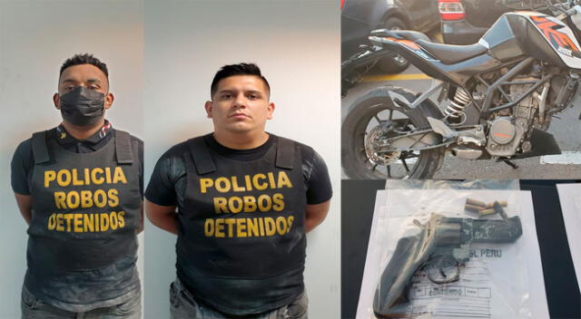 Dos de los detenidos, la moto y un arma