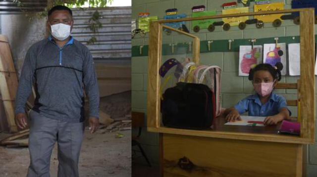 El Salvador: padre carpintero construye un pupitre especial para proteger a su hija de la COVID-19.