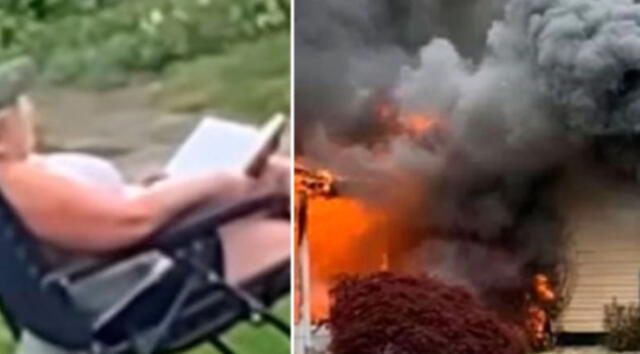 La insólita escena fue captada por los vecinos y muestra cómo la propietaria se sienta en una silla con libro en mano mientras ve cómo su vivienda es consumida por el fuego.