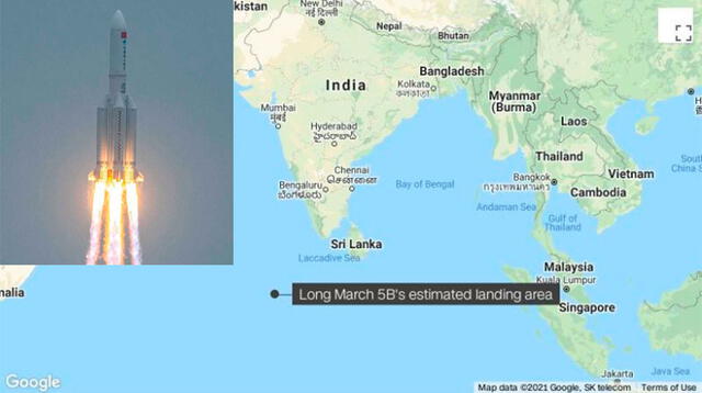 Los restos del cohete espacial chino reportado fuera de control caen al océano Índico sin causar daños.