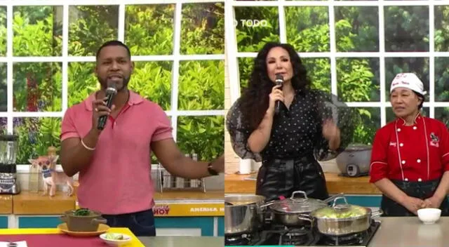 Edson Dávila estaba a cargo de entrevistar a una cocinera mientras preparaba un plato en vivo, pero Janet Barboza se apoderó del segmento.