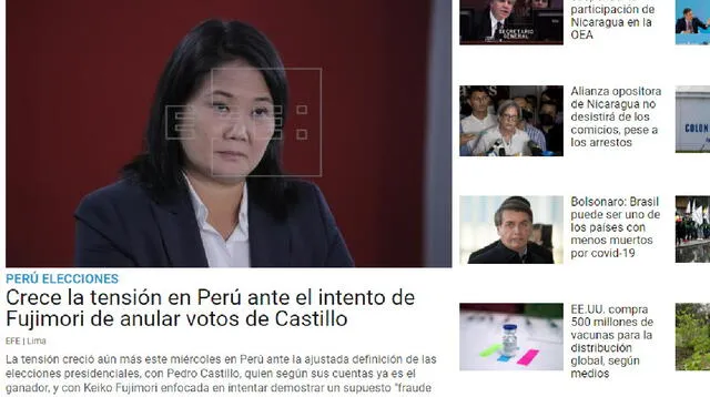 La agencia de noticias EFE de noticias destaca que la “tensión en Perú” ha crecido por la definición de un vencedor en los comicios electorales en el país.