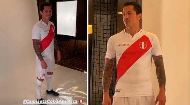 Gianluca Lapadula feliz con la nueva camiseta de Perú.