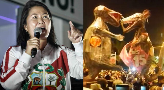 Simpatizantes de Perú Libre hacen bailar a dos muñecos de ratas en referencia el 'Keikino'.