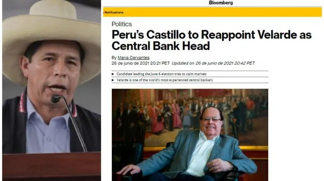 Bloomberg: Castillo dio su medida más favorable al mercado al ratificar permanencia de Velarde.