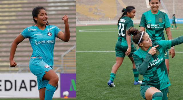 Milena Tomayconsa de la 'U'   y Adriana Lúcar de Alianza Lima celebrando sus goles .