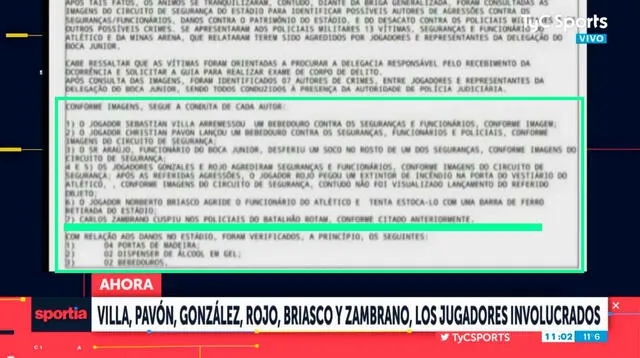 Acta de detención, en el punto siete, informa que Carlos Zambrano escupió a policías. | FUENTE: TyC Sports.   