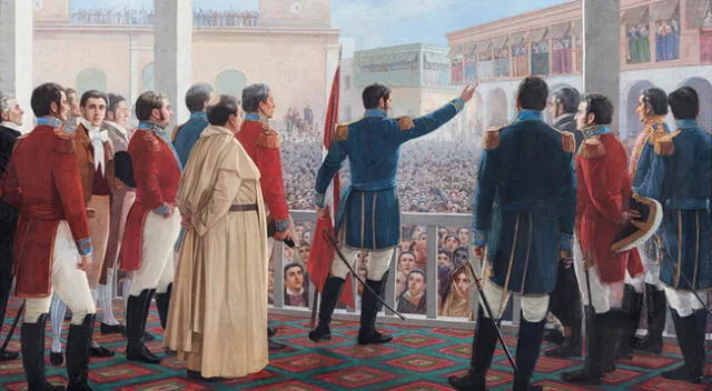 Proclamación de la Independencia del Perú - Juan Lepiani (1904). La pintura que ilustra el momento en que José de San Martín proclama la independencia del Perú en 1821.